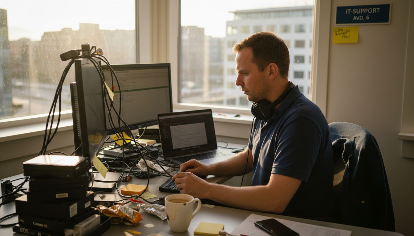 En IT-tekniker sitter och felsöker bland sladdar och papper i ett riktigt stökigt hörn på kontoret.