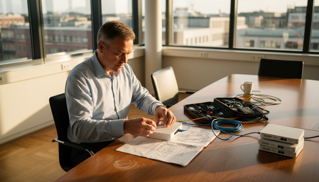 IT-tekniker som installerar och sätter upp UniFi-nätverksutrustning