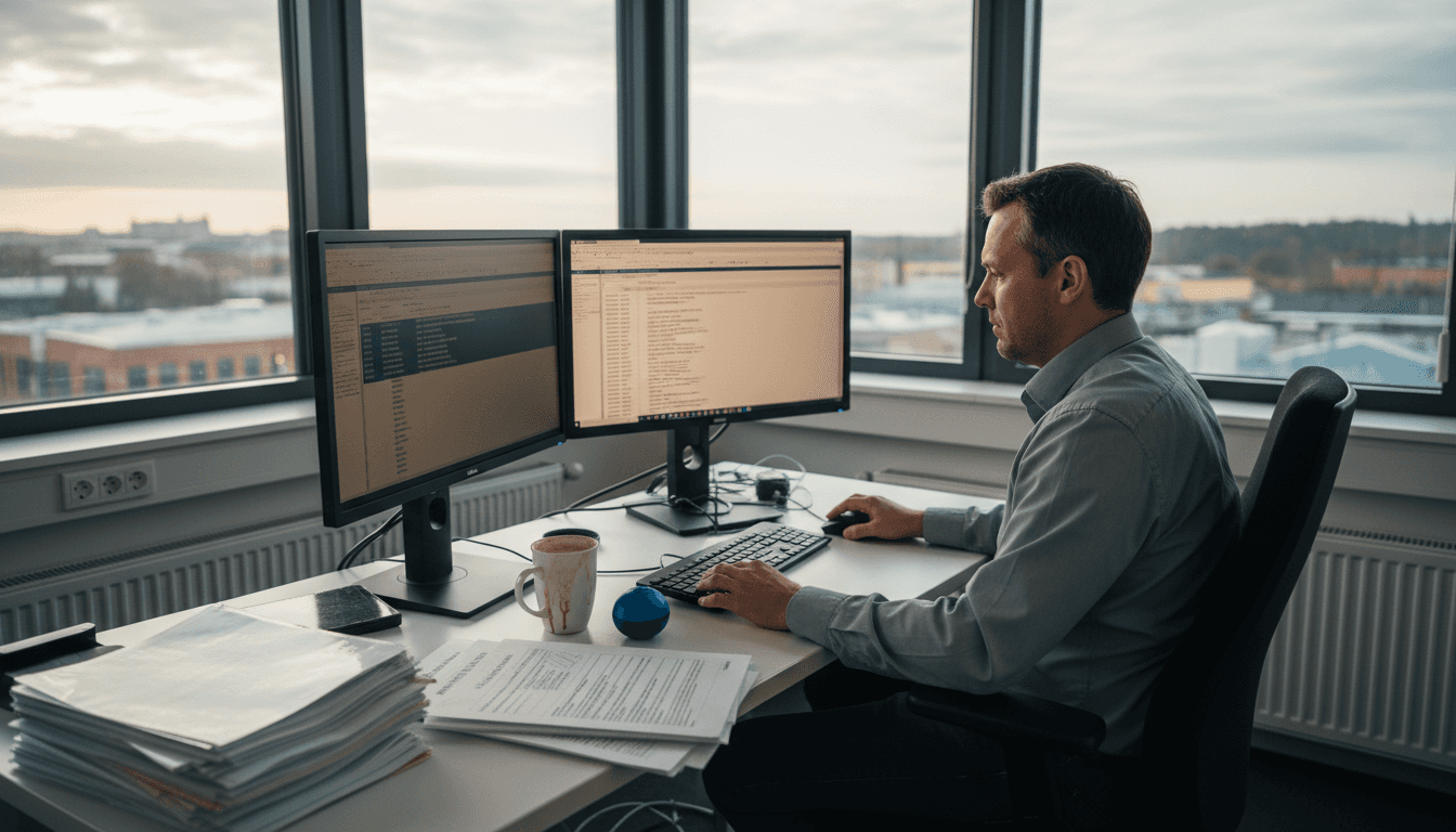 IT-ansvarig går igenom säkerhetsloggar på sitt kontor