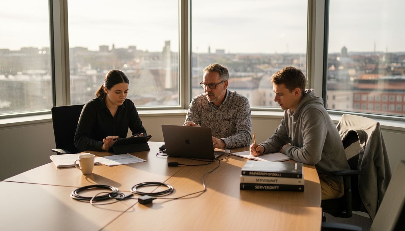 IT-teamet samarbetar och löser problem tillsammans i kontorets arbetsmiljö.