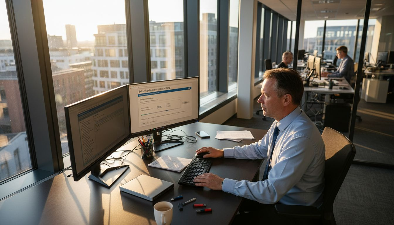 Affärsmannen ser över sina säkerhetskopior vid skrivbordet