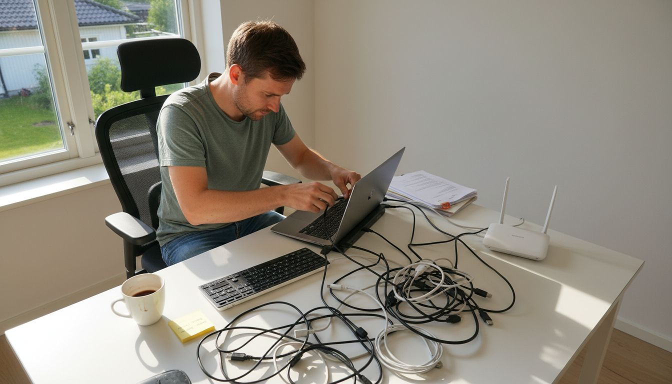 En person fixar i ordning sitt hemmakontor för att kunna jobba med IT-support.