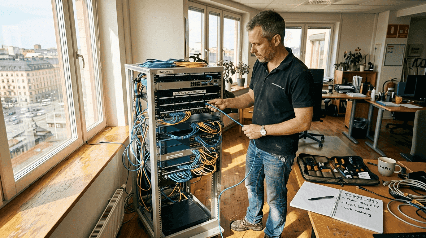 En IT-specialist ser till att företagets nätverk fungerar smidigt genom att installera och konfigurera det på plats.