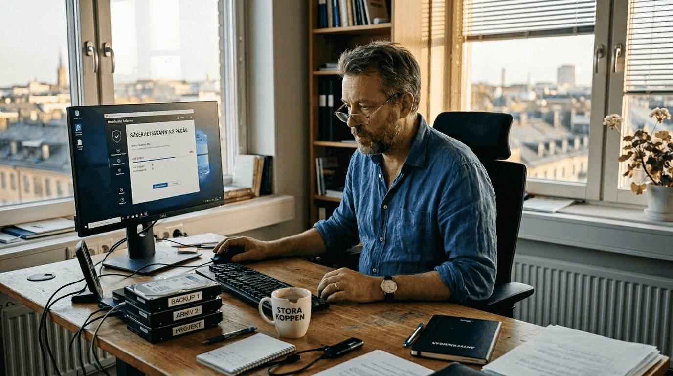 En man sitter på kontoret och kör en virussökning på datorn.