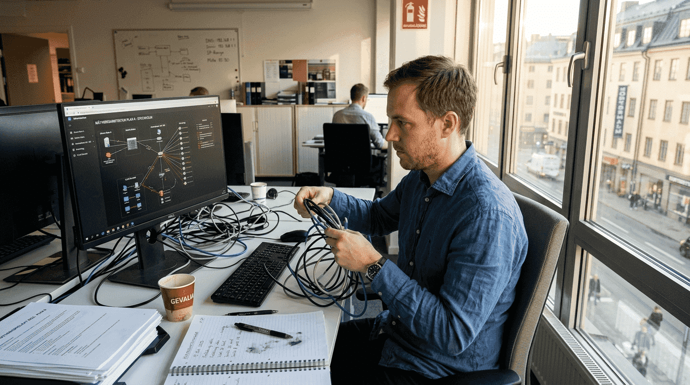 En person sitter i ett hörn på kontoret och försöker lösa nätverksproblem.