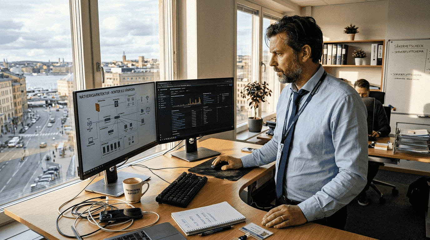 IT-chefen går igenom säkerhetsöversikten på kontoret.