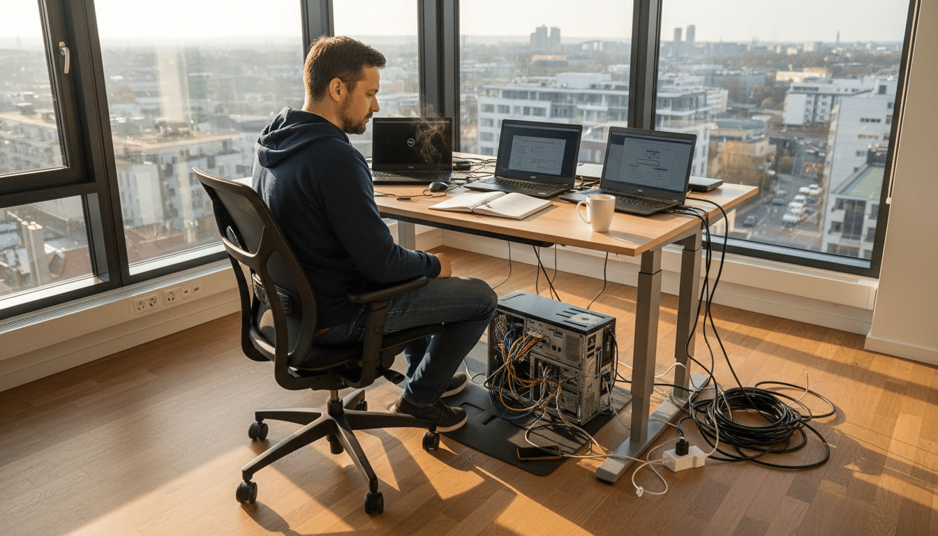 En IT-tekniker sitter och jobbar vid datorn på ett kontor med utsikt över stan.