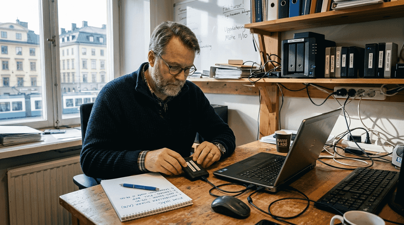 En småföretagare ser över sin backup-lösning vid skrivbordet.