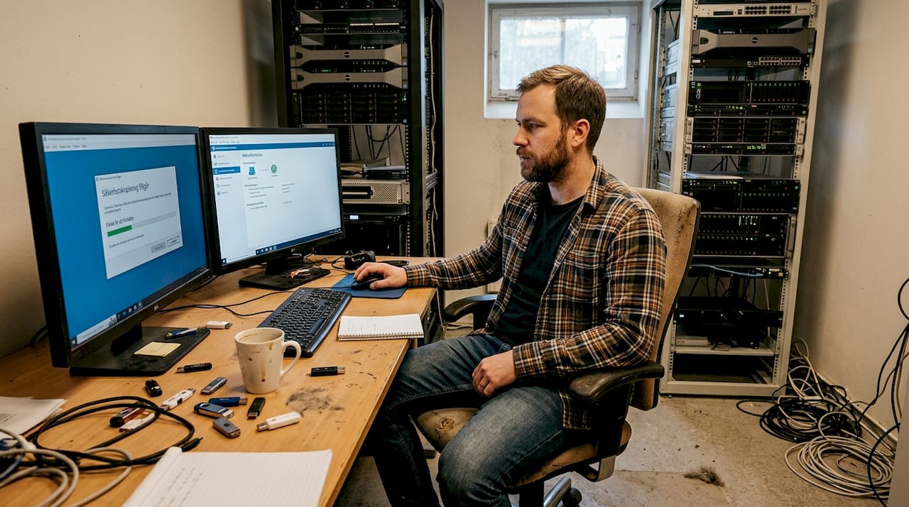 En IT-tekniker ser till att säkerhetskopiering fungerar som den ska i serverrummet.