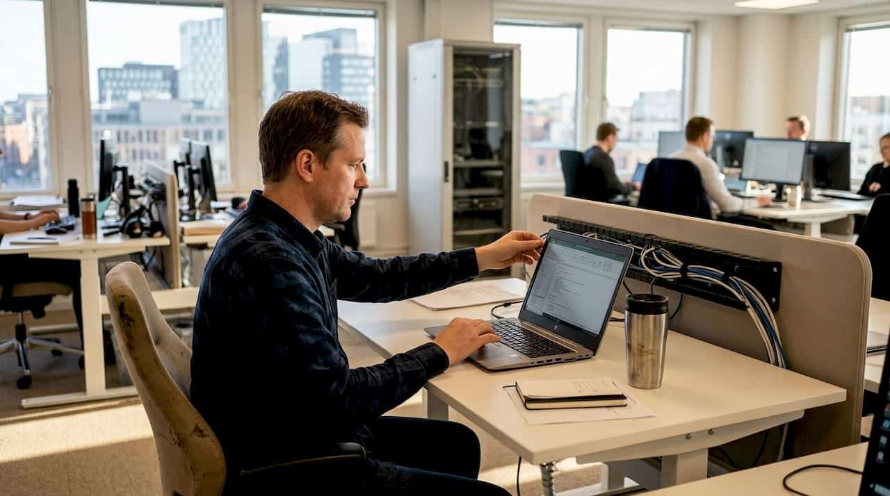 En IT-specialist sitter vid sitt skrivbord och jobbar med servrar.