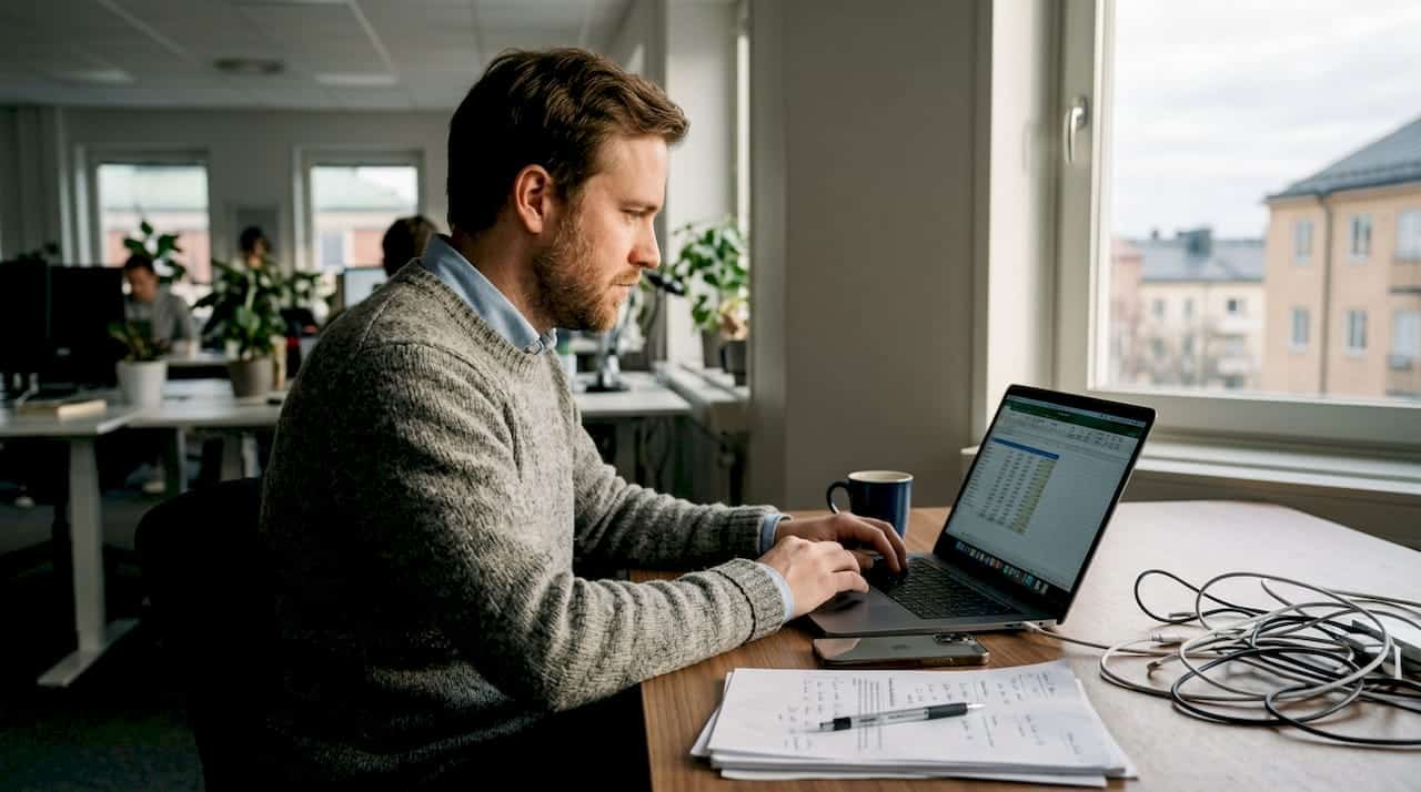 Man sitter och jobbar vid sitt skrivbord på ett mindre kontor.