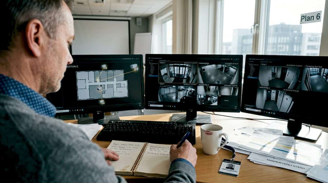 Säkerhetsansvarig håller koll på övervakningskamerorna inne på kontoret.